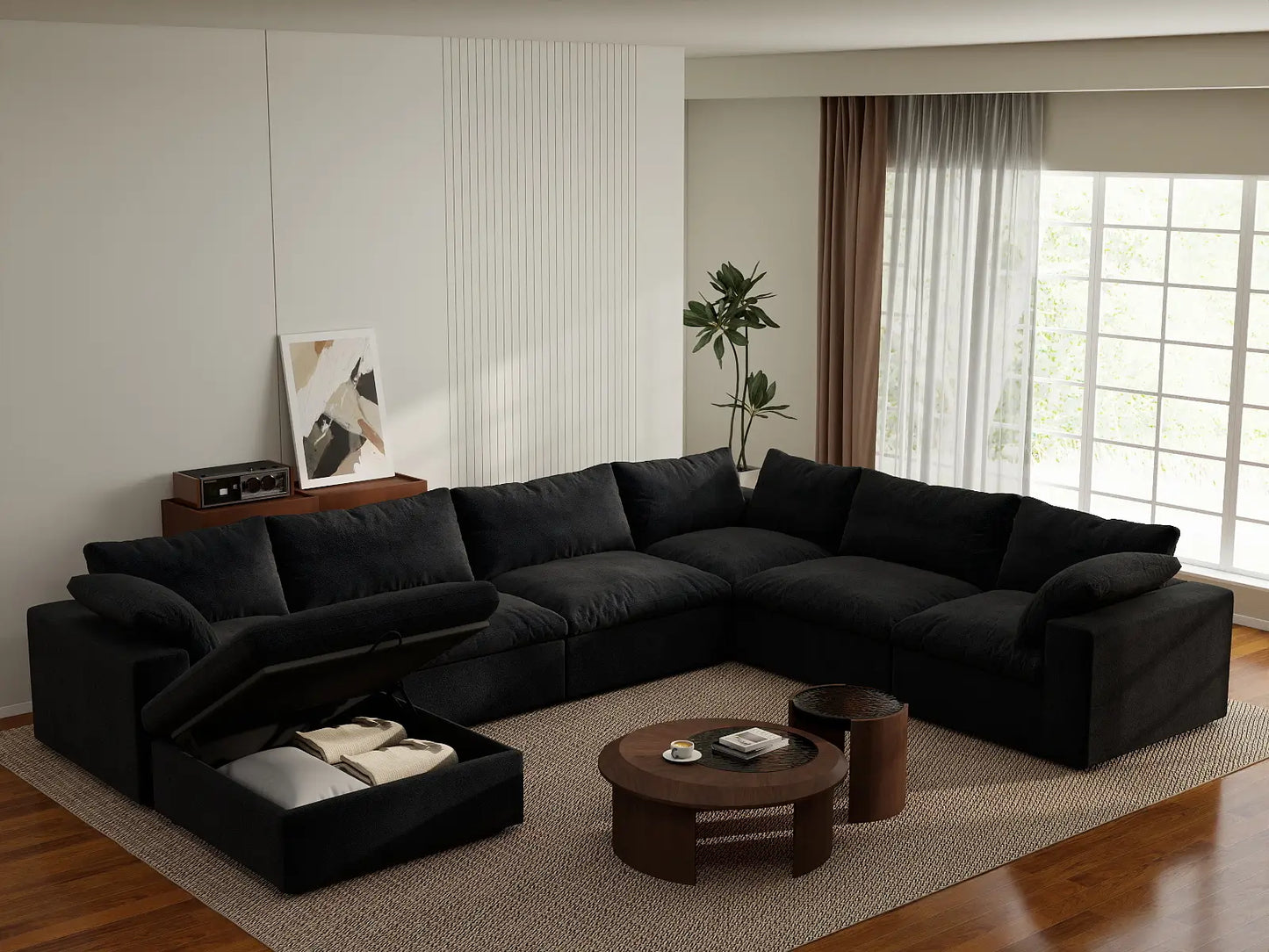 Deluxe Cloud 6-Seater Black Large Space Sofa Set | 7-Piece (Includes 1 Ottoman), Cotton And Linen Fabric, Easy To Clean