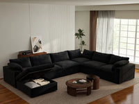 Deluxe Cloud 6-Seater Black Large Space Sofa Set | 7-Piece (Includes 1 Ottoman), Cotton And Linen Fabric, Easy To Clean