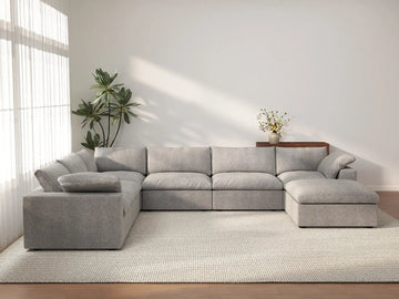 Deluxe Cloud 6-Seater Light Grey Large Space Sofa Set | 7-Piece (Includes 1 Ottoman), Cotton And Linen Fabric, Easy To Clean