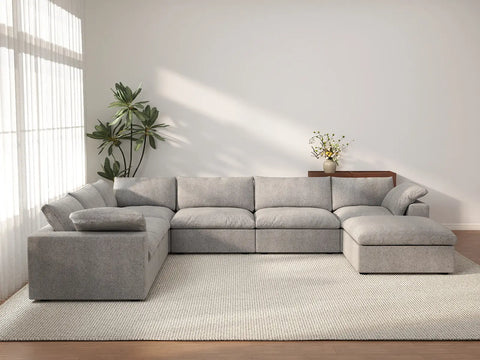 Deluxe Cloud 6-Seater Light Grey Large Space Sofa Set | 7-Piece (Includes 1 Ottoman), Cotton And Linen Fabric, Easy To Clean