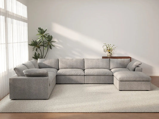 Deluxe Cloud 6-Seater Light Grey Large Space Sofa Set | 7-Piece (Includes 1 Ottoman), Cotton And Linen Fabric, Easy To Clean