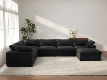Deluxe Cloud 6-Seater Black Large Space Sofa Set | 7-Piece (Includes 1 Ottoman), Cotton And Linen Fabric, Easy To Clean