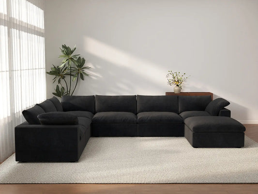 Deluxe Cloud 6-Seater Black Large Space Sofa Set | 7-Piece (Includes 1 Ottoman), Cotton And Linen Fabric, Easy To Clean