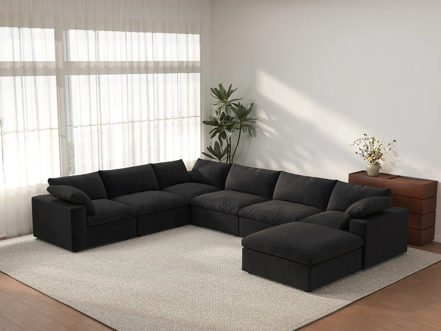 Deluxe Cloud 6-Seater Black Large Space Sofa Set | 7-Piece (Includes 1 Ottoman), Cotton And Linen Fabric, Easy To Clean