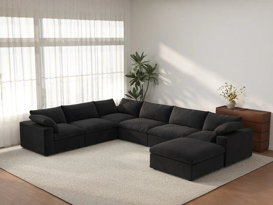 Deluxe Cloud 6-Seater Black Large Space Sofa Set | 7-Piece (Includes 1 Ottoman), Cotton And Linen Fabric, Easy To Clean