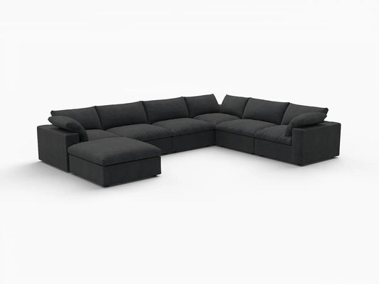 Deluxe Premium Cloud Sectional Sofa Covers | Black Cotton and Linen Sofa Cover for 6-Seater with 1-Ottoman