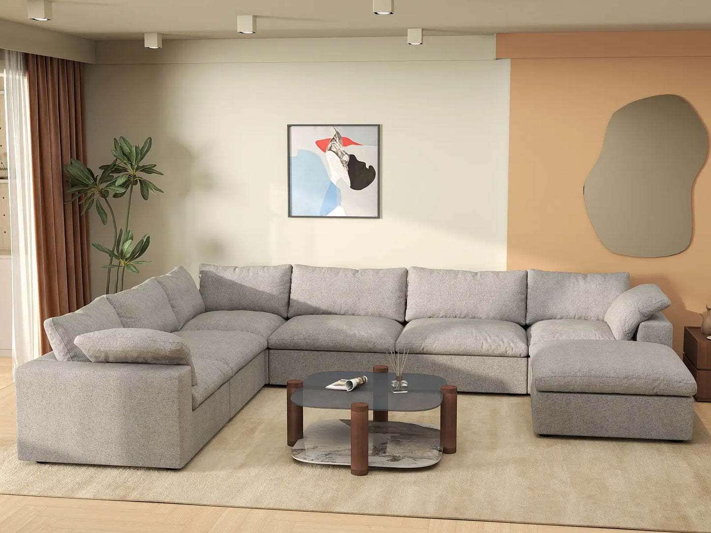 Deluxe Premium Cloud Sectional Sofa Covers | Light Grey Cotton and Linen Sofa Cover for 6-Seater with 1-Ottoman