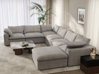 Deluxe Cloud 6-Seater Light Grey Large Space Sofa Set | 7-Piece (Includes 1 Ottoman), Cotton And Linen Fabric, Easy To Clean