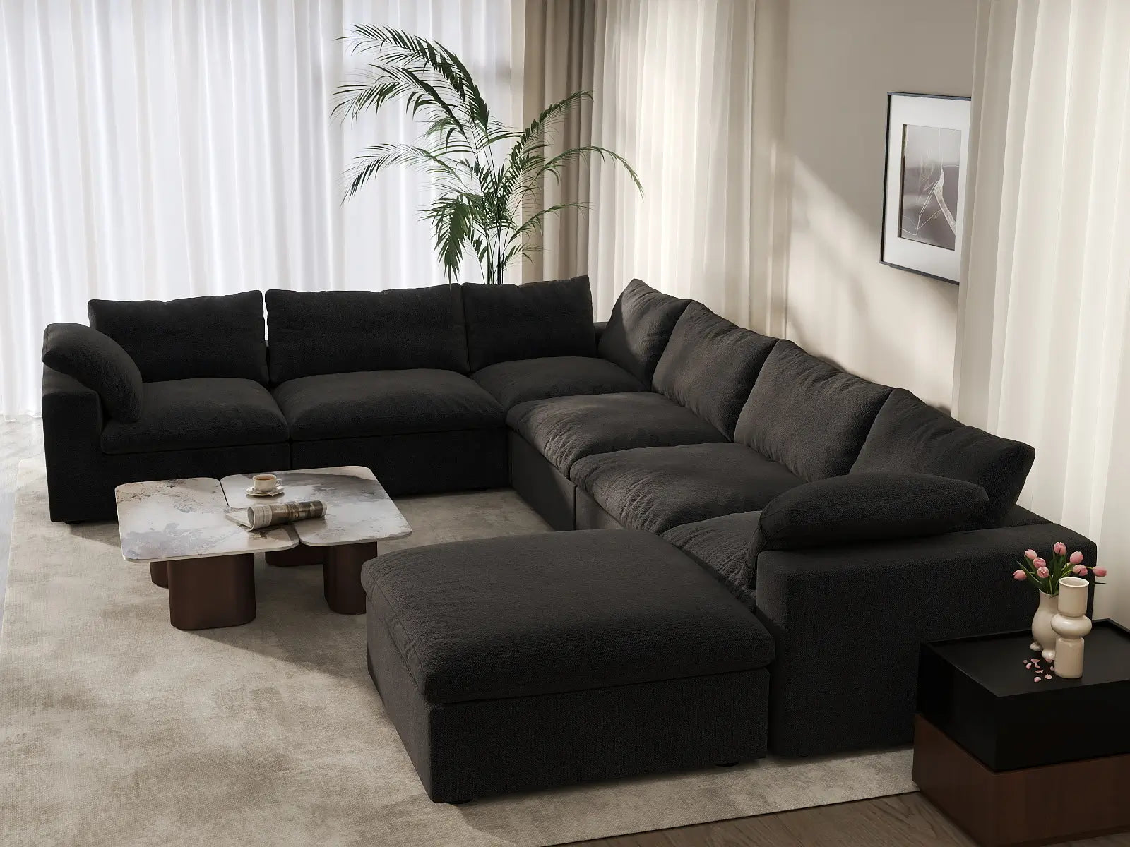 Deluxe Cloud 6-Seater Black Large Space Sofa Set | 7-Piece (Includes 1 Ottoman), Cotton And Linen Fabric, Easy To Clean