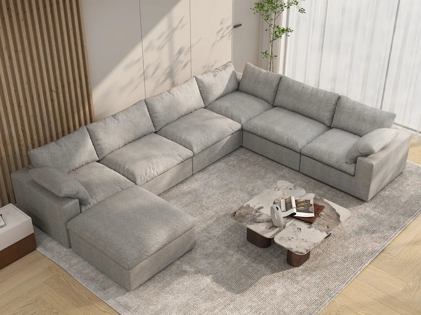 Deluxe Premium Cloud Sectional Sofa Covers | Light Grey Cotton and Linen Sofa Cover for 6-Seater with 1-Ottoman