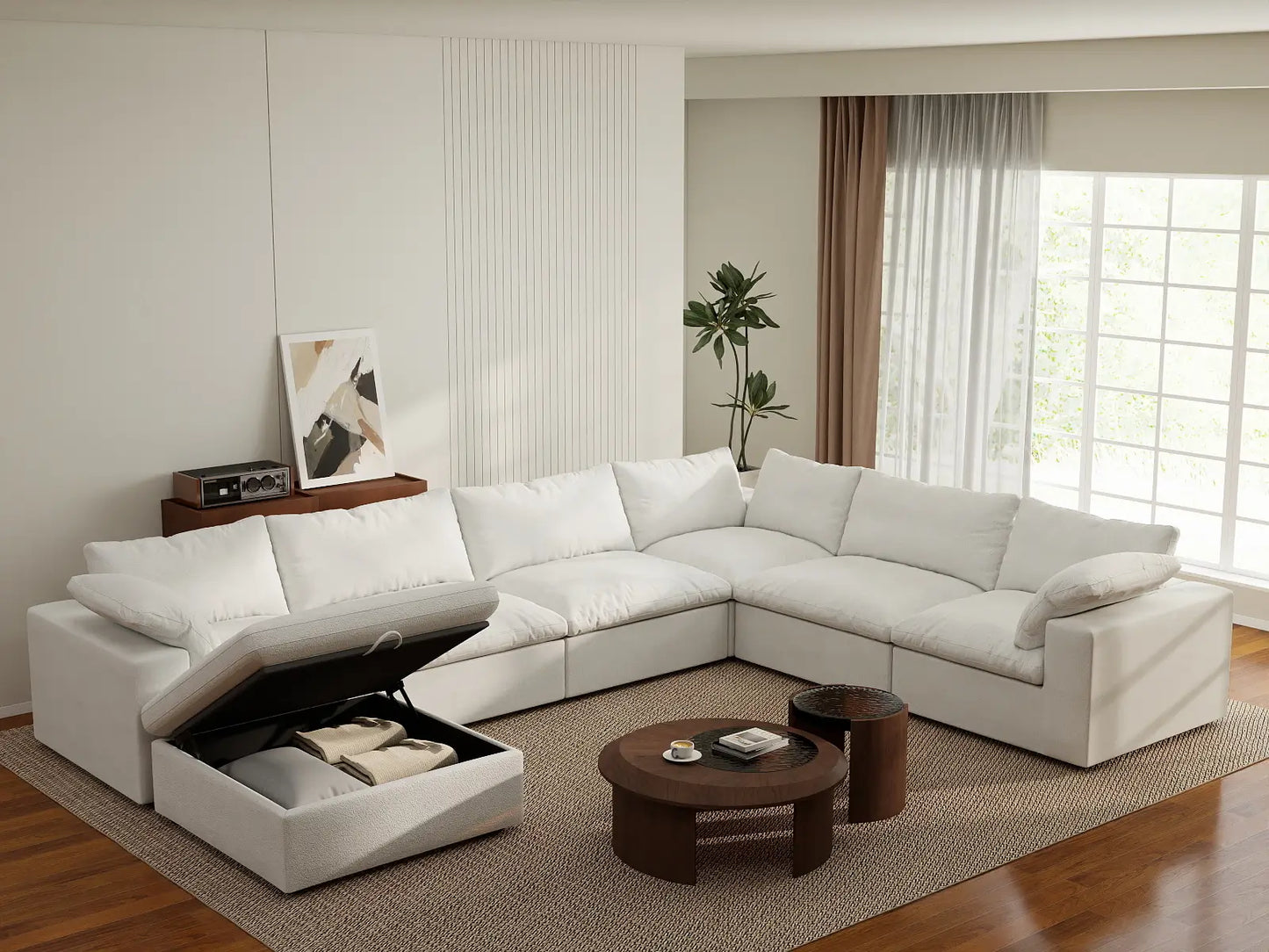 Deluxe Cloud 6-Seater White Sofa Set | 7-Piece (Includes 1 Ottoman), Cotton And Linen Fabric, Washable Cushion Covers