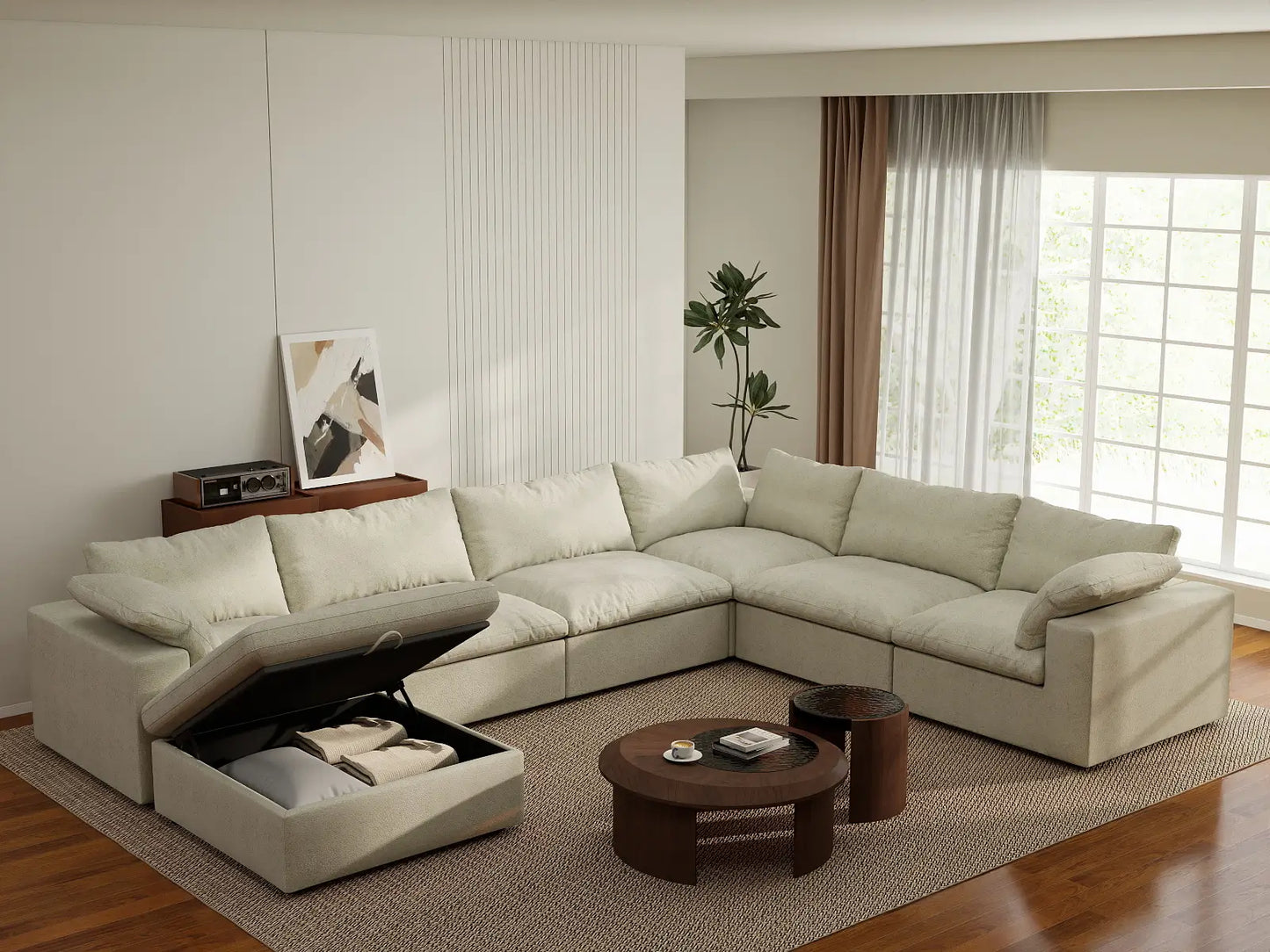 Deluxe Cloud 6-Seater Khaki Sofa Set | 7-Piece (Includes 1 Ottoman), Cotton And Linen Fabric, Washable Cushion Covers