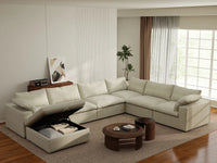 Deluxe Cloud 6-Seater Khaki Sofa Set | 7-Piece (Includes 1 Ottoman), Cotton And Linen Fabric, Washable Cushion Covers