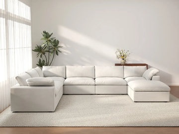 Deluxe Cloud 6-Seater White Sofa Set | 7-Piece (Includes 1 Ottoman), Cotton And Linen Fabric, Washable Cushion Covers