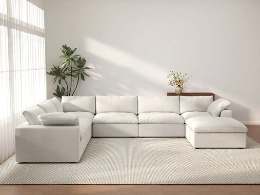 Deluxe Cloud 6-Seater White Sofa Set | 7-Piece (Includes 1 Ottoman), Cotton And Linen Fabric, Washable Cushion Covers