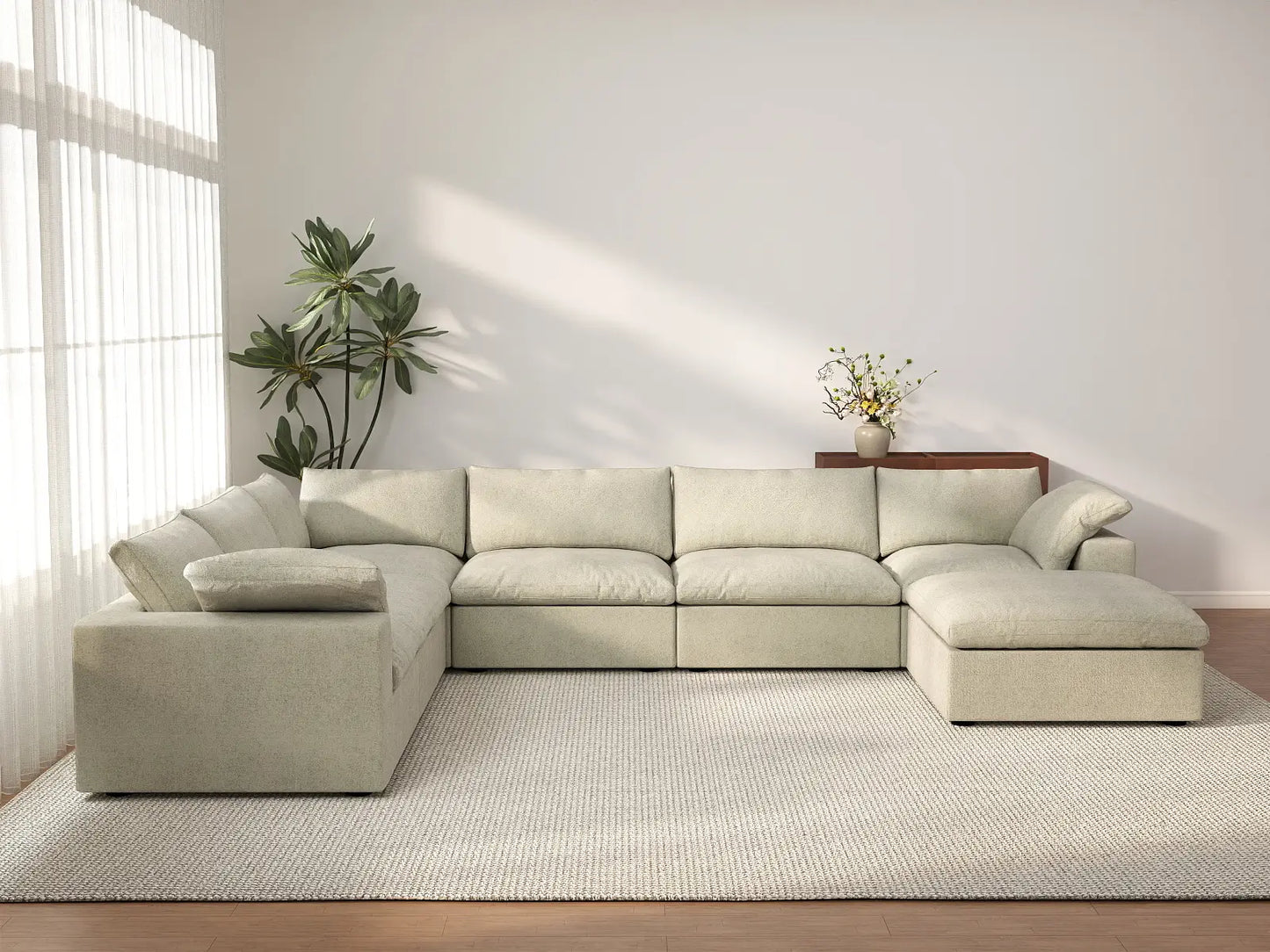 Deluxe Cloud 6-Seater Khaki Sofa Set | 7-Piece (Includes 1 Ottoman), Cotton And Linen Fabric, Washable Cushion Covers
