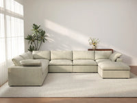 Deluxe Cloud 6-Seater Khaki Sofa Set | 7-Piece (Includes 1 Ottoman), Cotton And Linen Fabric, Washable Cushion Covers