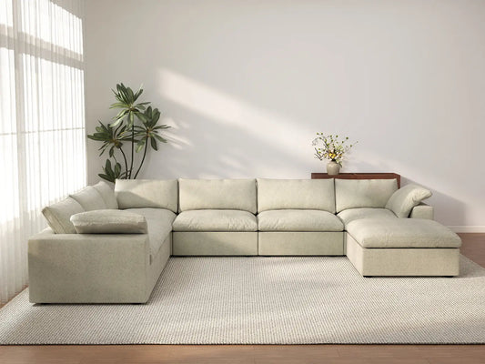 Deluxe Cloud 6-Seater Khaki Sofa Set | 7-Piece (Includes 1 Ottoman), Cotton And Linen Fabric, Washable Cushion Covers