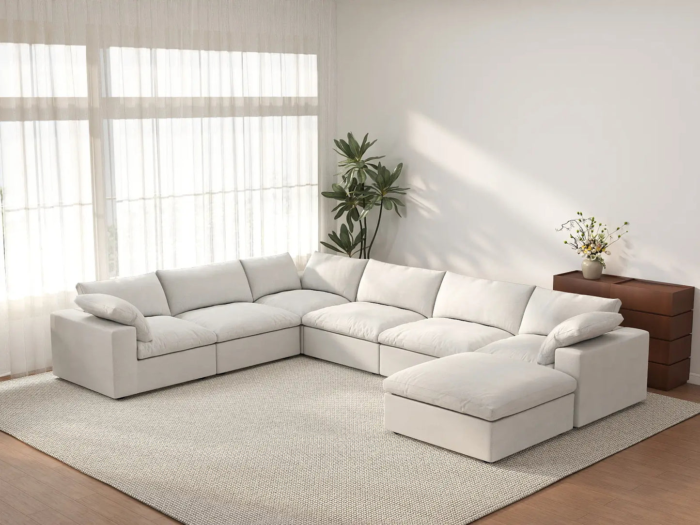 Deluxe Cloud 6-Seater White Sofa Set | 7-Piece (Includes 1 Ottoman), Cotton And Linen Fabric, Washable Cushion Covers