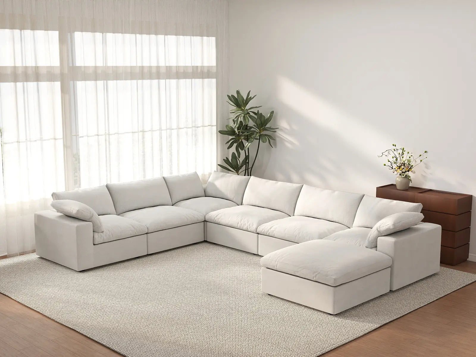 Deluxe Cloud 6-Seater White Sofa Set | 7-Piece (Includes 1 Ottoman), Cotton And Linen Fabric, Washable Cushion Covers