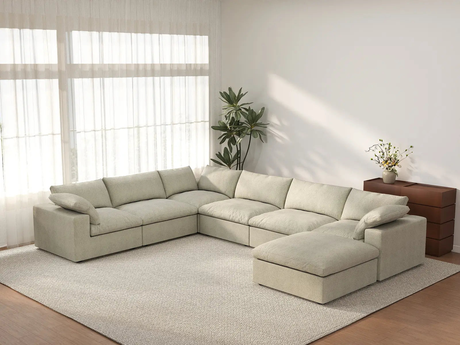 Deluxe Cloud 6-Seater Khaki Sofa Set | 7-Piece (Includes 1 Ottoman), Cotton And Linen Fabric, Washable Cushion Covers