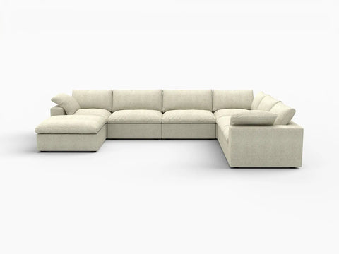 Deluxe Premium Cloud Sectional Sofa Covers | Khaki Cotton and Linen Sofa Cover for 6-Seater with 1-Ottoman