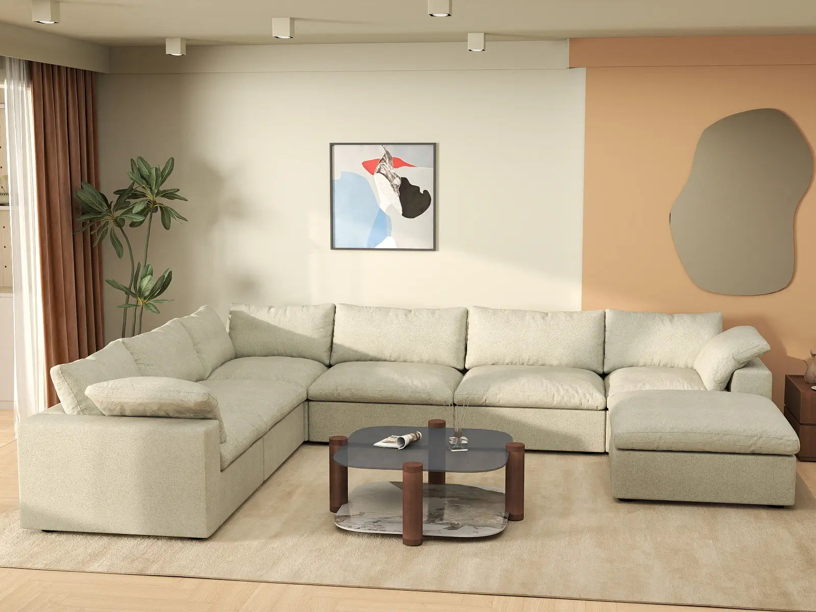Deluxe Premium Cloud Sectional Sofa Covers | Khaki Cotton and Linen Sofa Cover for 6-Seater with 1-Ottoman