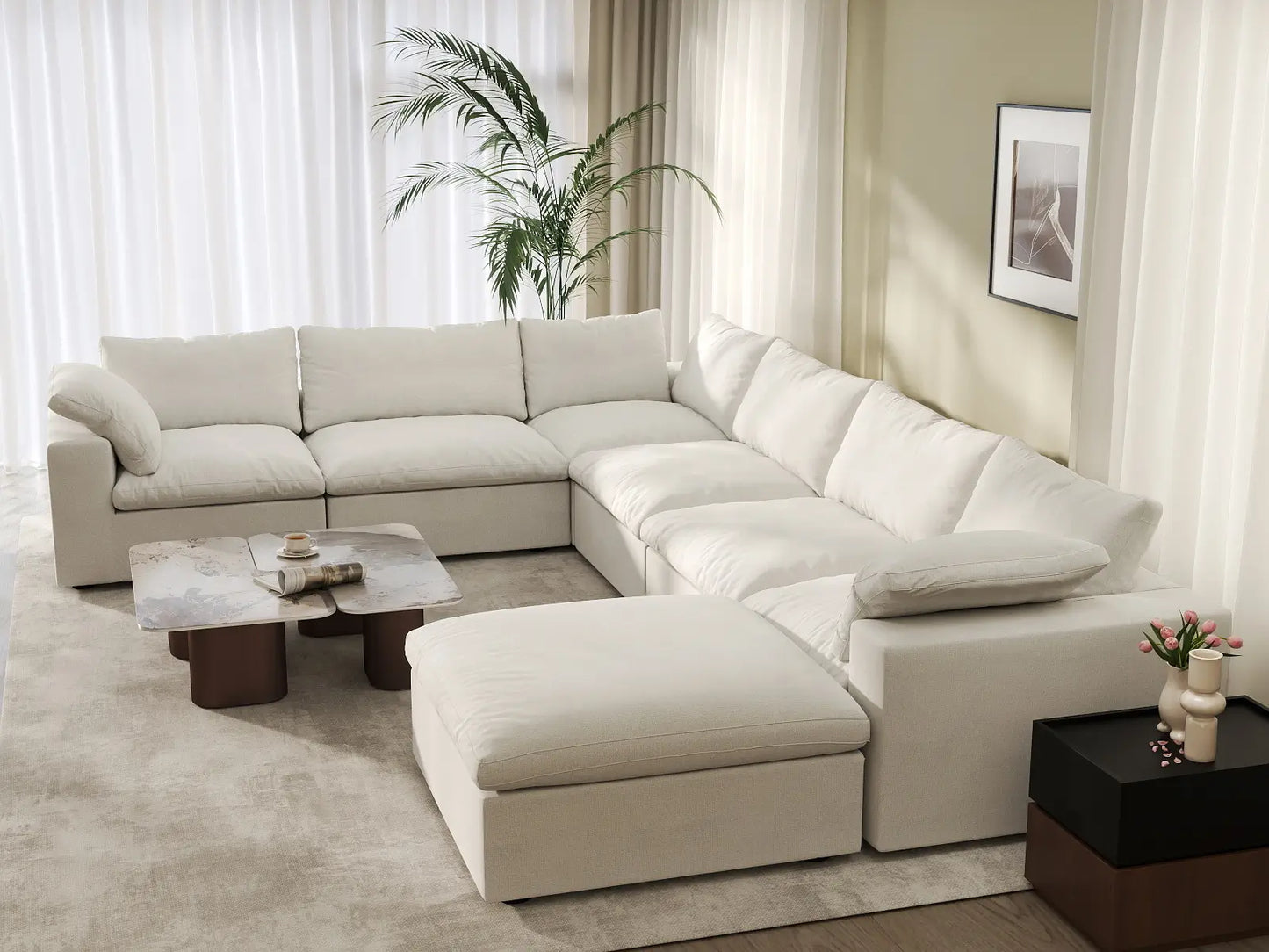 Deluxe Cloud 6-Seater White Sofa Set | 7-Piece (Includes 1 Ottoman), Cotton And Linen Fabric, Washable Cushion Covers