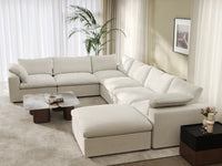 Deluxe Cloud 6-Seater White Sofa Set | 7-Piece (Includes 1 Ottoman), Cotton And Linen Fabric, Washable Cushion Covers