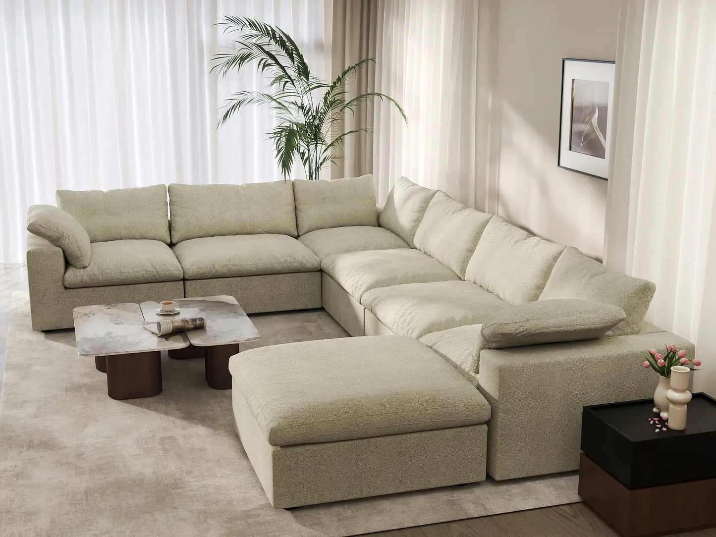 Deluxe Cloud 6-Seater Khaki Sofa Set | 7-Piece (Includes 1 Ottoman), Cotton And Linen Fabric, Washable Cushion Covers