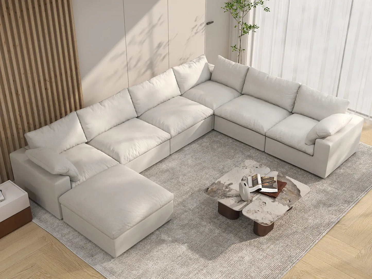 Deluxe Premium Cloud Sectional Sofa Covers | White Cotton and Linen Sofa Cover for 6-Seater with 1-Ottoman