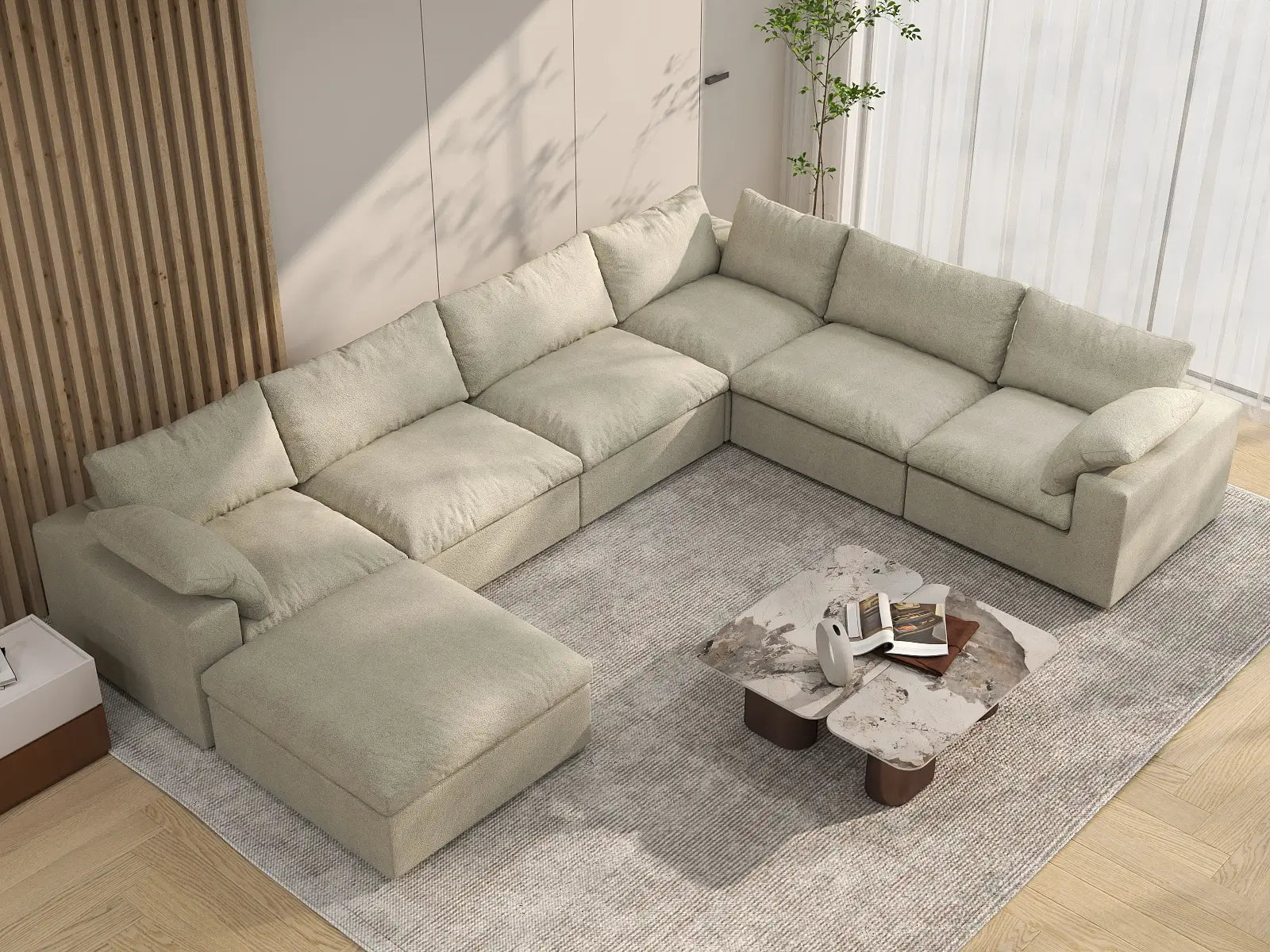 Deluxe Premium Cloud Sectional Sofa Covers | Khaki Cotton and Linen Sofa Cover for 6-Seater with 1-Ottoman