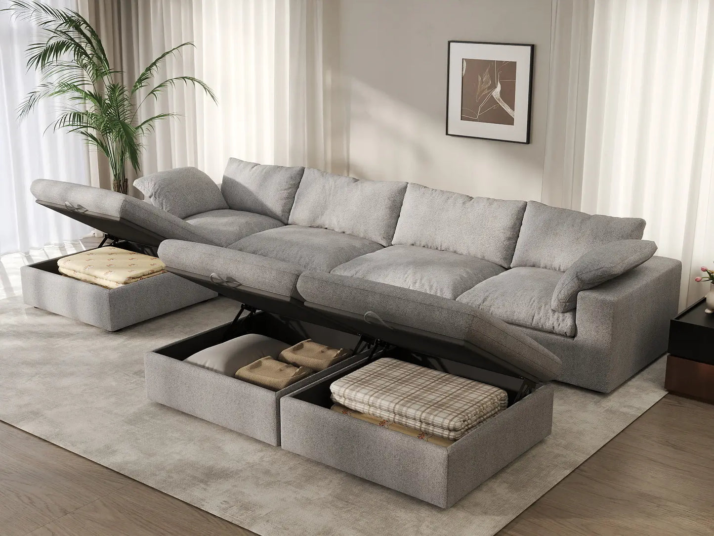 Deluxe Cloud 4-Seater Light Grey Large Space Sofa Set | 7-Piece (Includes 3 Ottomans), Cotton And Linen Fabric, Easy To Clean