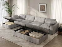 Deluxe Cloud 4-Seater Light Grey Large Space Sofa Set | 7-Piece (Includes 3 Ottomans), Cotton And Linen Fabric, Easy To Clean