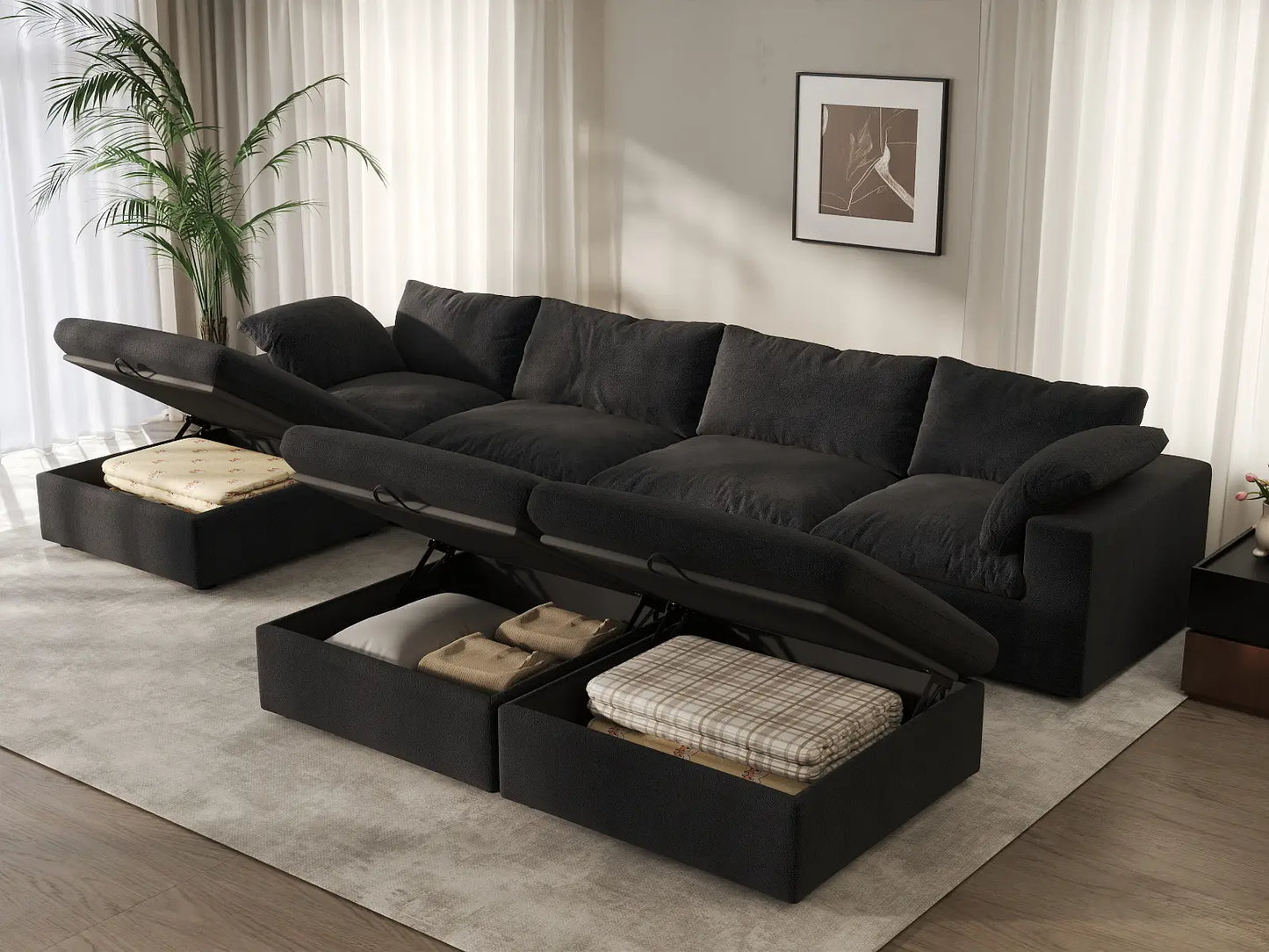 Deluxe Cloud 4-Seater Black Large Space Sofa Set | 7-Piece (Includes 3 Ottomans), Cotton And Linen Fabric, Easy To Clean