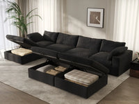 Deluxe Cloud 4-Seater Black Large Space Sofa Set | 7-Piece (Includes 3 Ottomans), Cotton And Linen Fabric, Easy To Clean