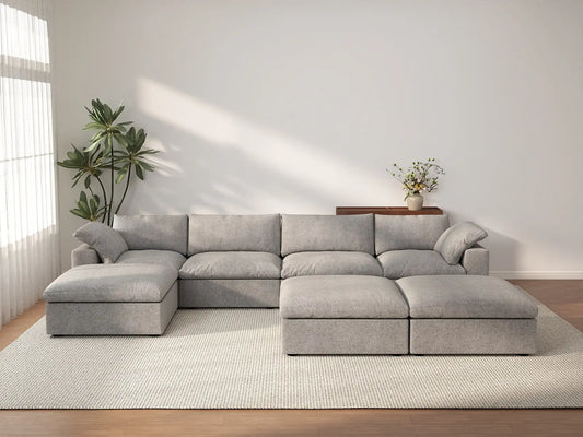 Deluxe Cloud 4-Seater Light Grey Large Space Sofa Set | 7-Piece (Includes 3 Ottomans), Cotton And Linen Fabric, Easy To Clean