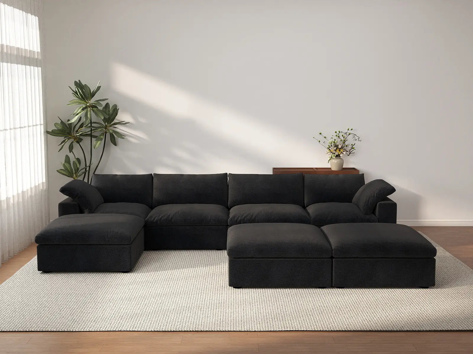 Deluxe Cloud 4-Seater Black Large Space Sofa Set | 7-Piece (Includes 3 Ottomans), Cotton And Linen Fabric, Easy To Clean