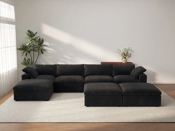 Deluxe Cloud 4-Seater Black Large Space Sofa Set | 7-Piece (Includes 3 Ottomans), Cotton And Linen Fabric, Easy To Clean