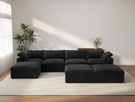 Deluxe Cloud 4-Seater Black Large Space Sofa Set | 7-Piece (Includes 3 Ottomans), Cotton And Linen Fabric, Easy To Clean