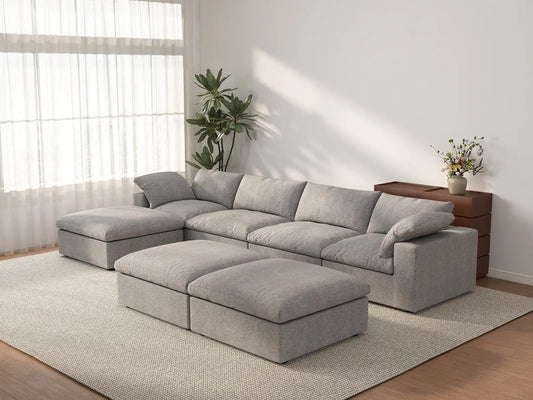 Deluxe Cloud 4-Seater Light Grey Large Space Sofa Set | 7-Piece (Includes 3 Ottomans), Cotton And Linen Fabric, Easy To Clean