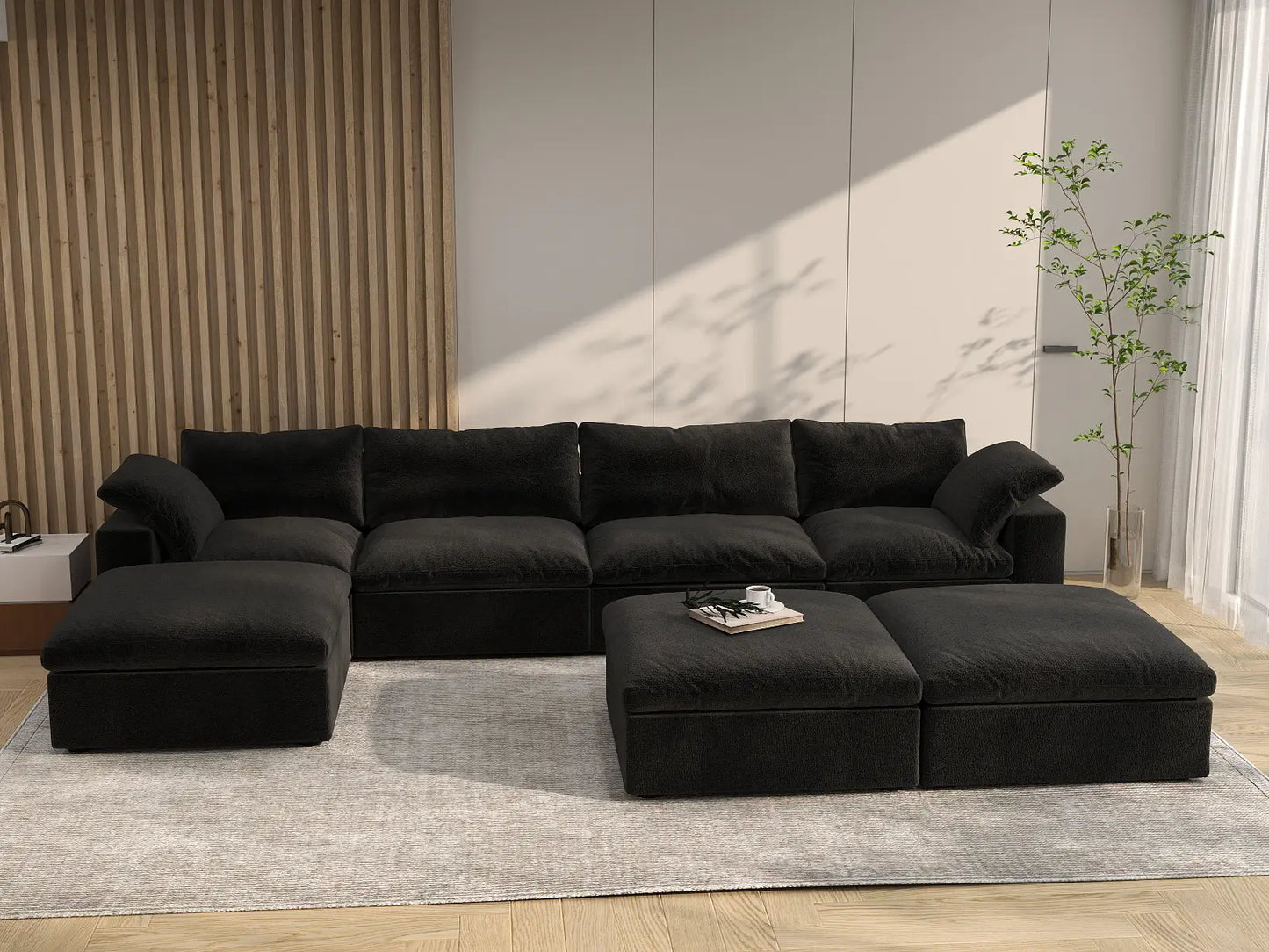 Deluxe Premium Cloud Sectional Sofa Covers | Black Cotton and Linen Sofa Cover for 4-Seater with 3-Ottomans