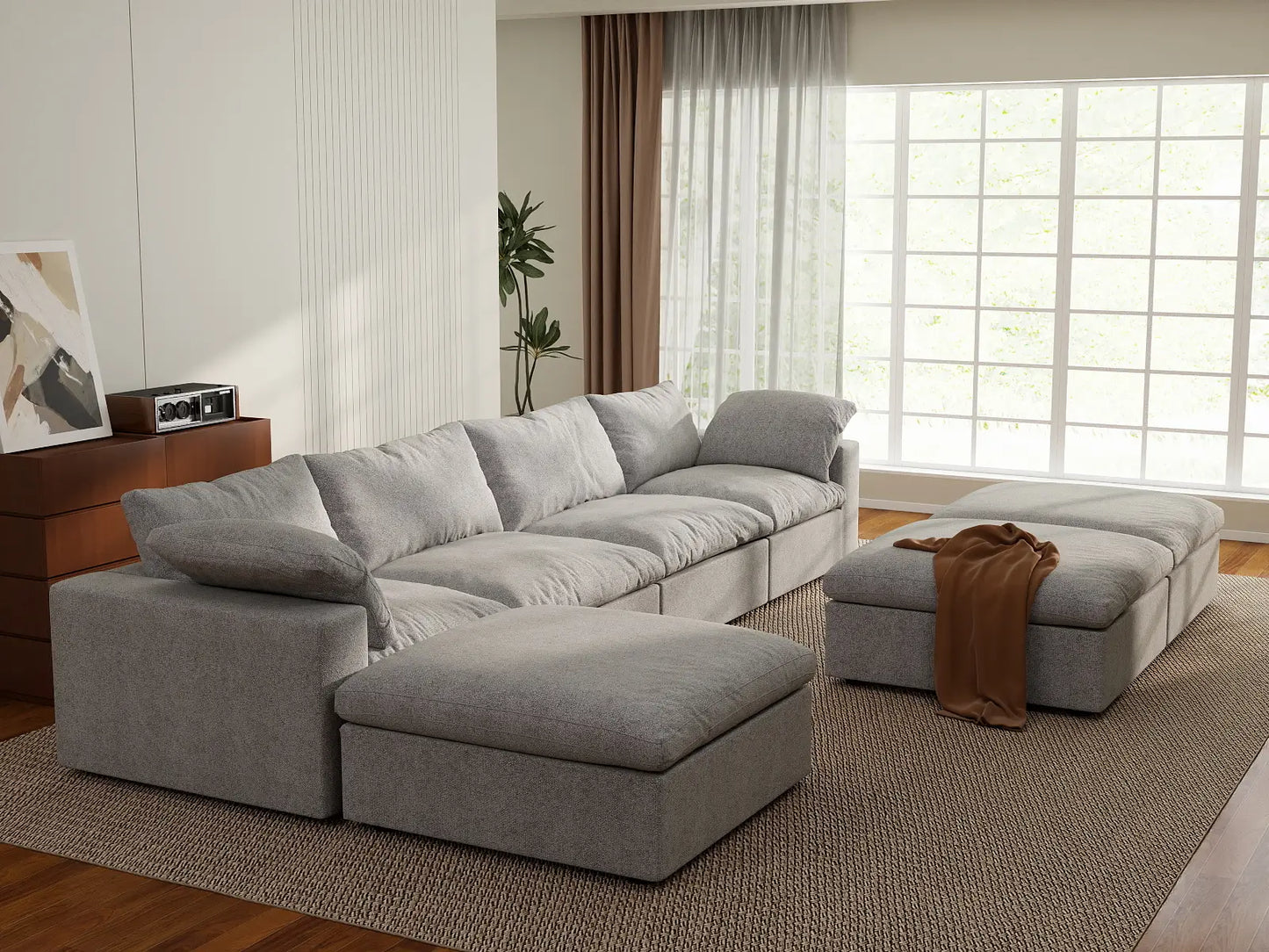Deluxe Premium Cloud Sectional Sofa Covers | Light Grey Cotton and Linen Sofa Cover for 4-Seater with 3-Ottomans