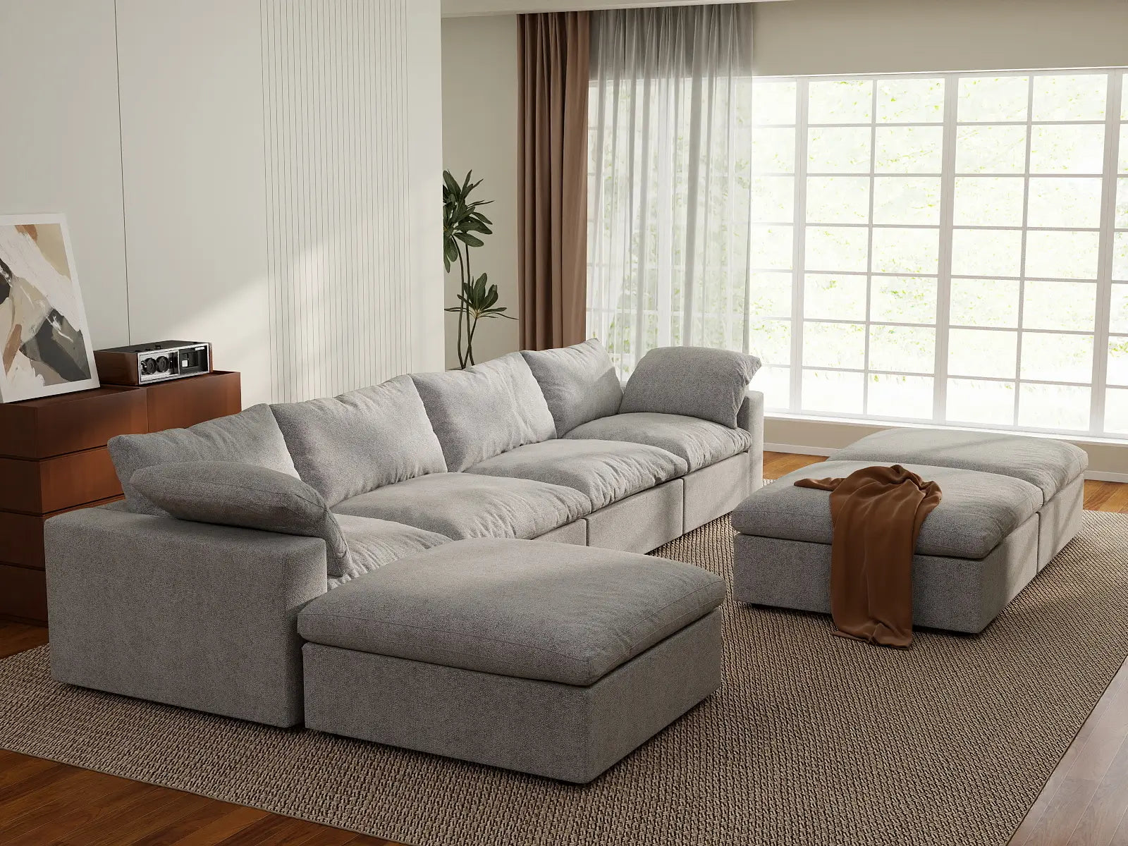 Deluxe Premium Cloud Sectional Sofa Covers | Light Grey Cotton and Linen Sofa Cover for 4-Seater with 3-Ottomans