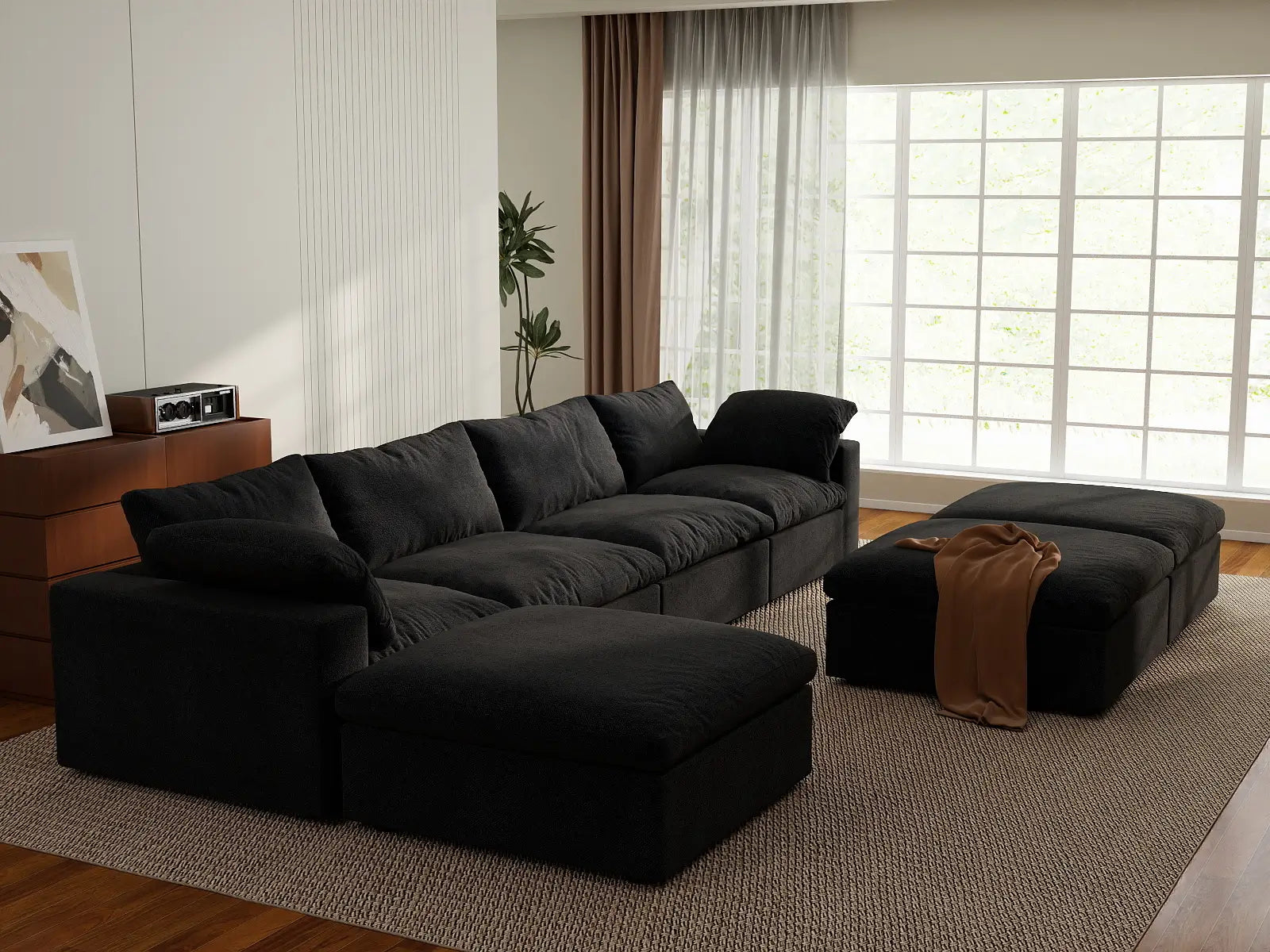 Deluxe Premium Cloud Sectional Sofa Covers | Black Cotton and Linen Sofa Cover for 4-Seater with 3-Ottomans
