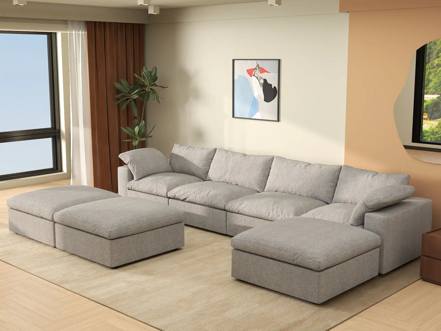 Deluxe Cloud 4-Seater Light Grey Large Space Sofa Set | 7-Piece (Includes 3 Ottomans), Cotton And Linen Fabric, Easy To Clean