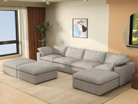 Deluxe Cloud 4-Seater Light Grey Large Space Sofa Set | 7-Piece (Includes 3 Ottomans), Cotton And Linen Fabric, Easy To Clean