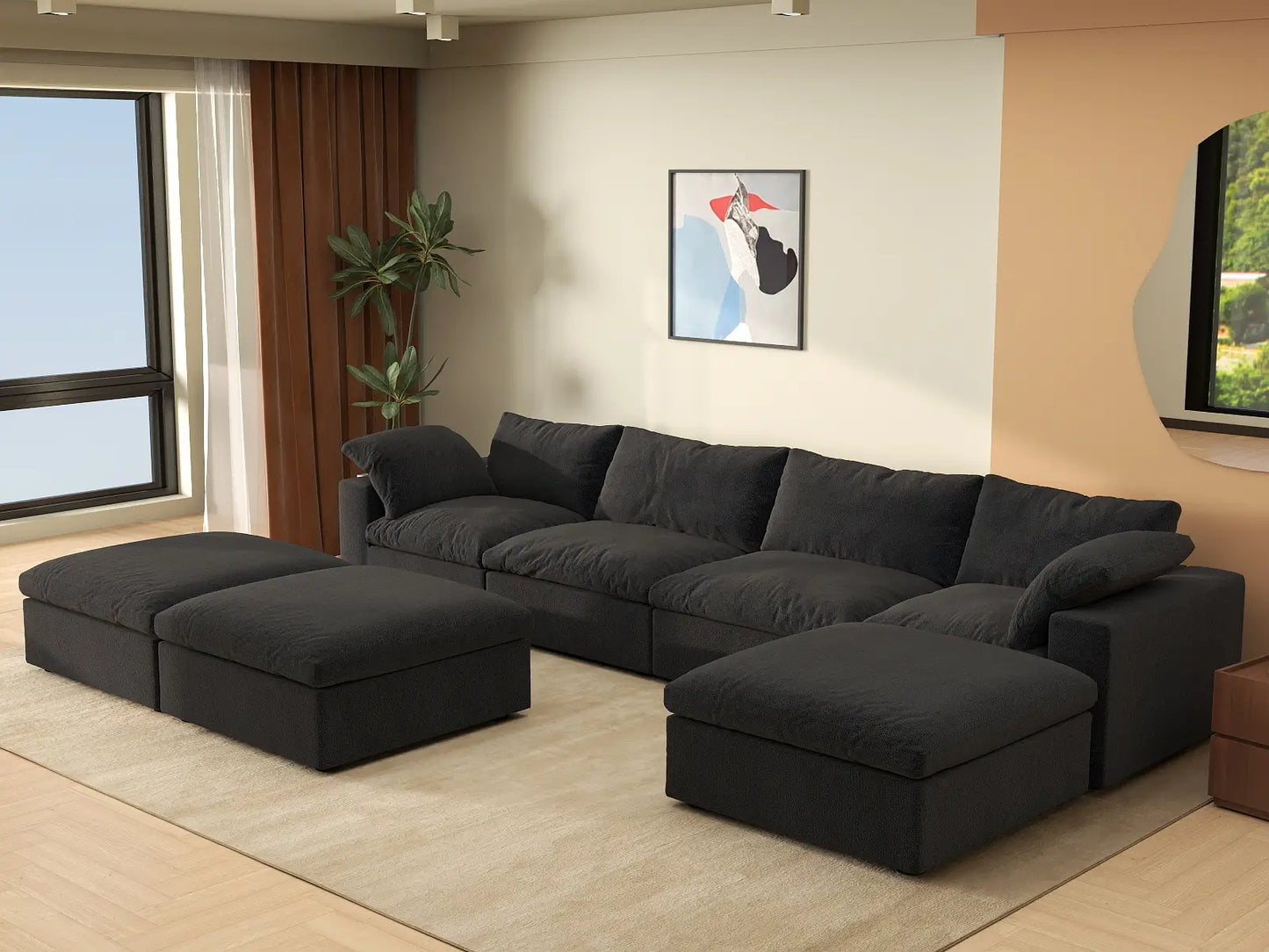 Deluxe Cloud 4-Seater Black Large Space Sofa Set | 7-Piece (Includes 3 Ottomans), Cotton And Linen Fabric, Easy To Clean