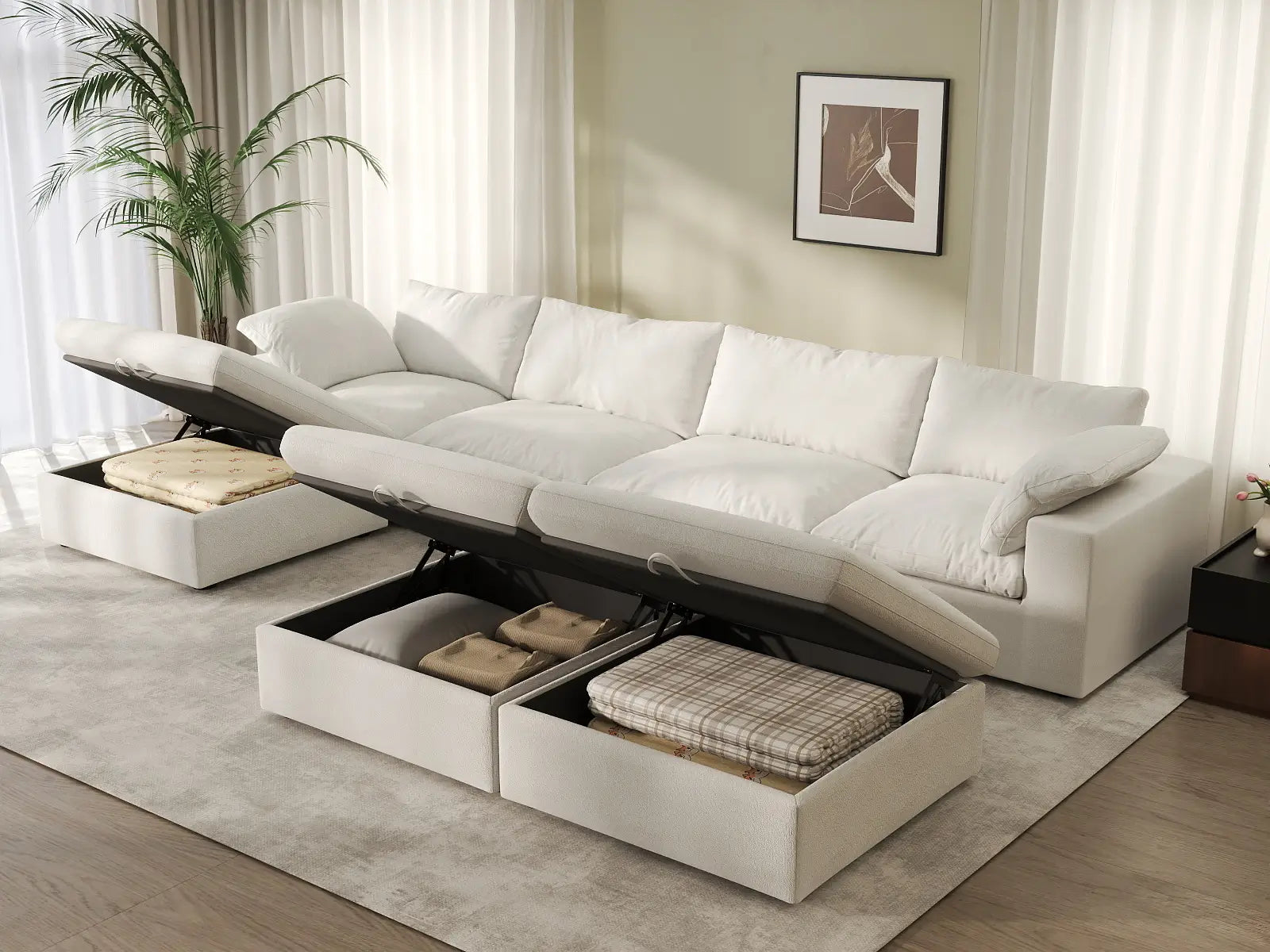 Deluxe Cloud 4-Seater White Sofa Set | 7-Piece (Includes 3 Ottomans), Cotton And Linen Fabric, Washable Cushion Covers