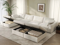 Deluxe Cloud 4-Seater White Sofa Set | 7-Piece (Includes 3 Ottomans), Cotton And Linen Fabric, Washable Cushion Covers